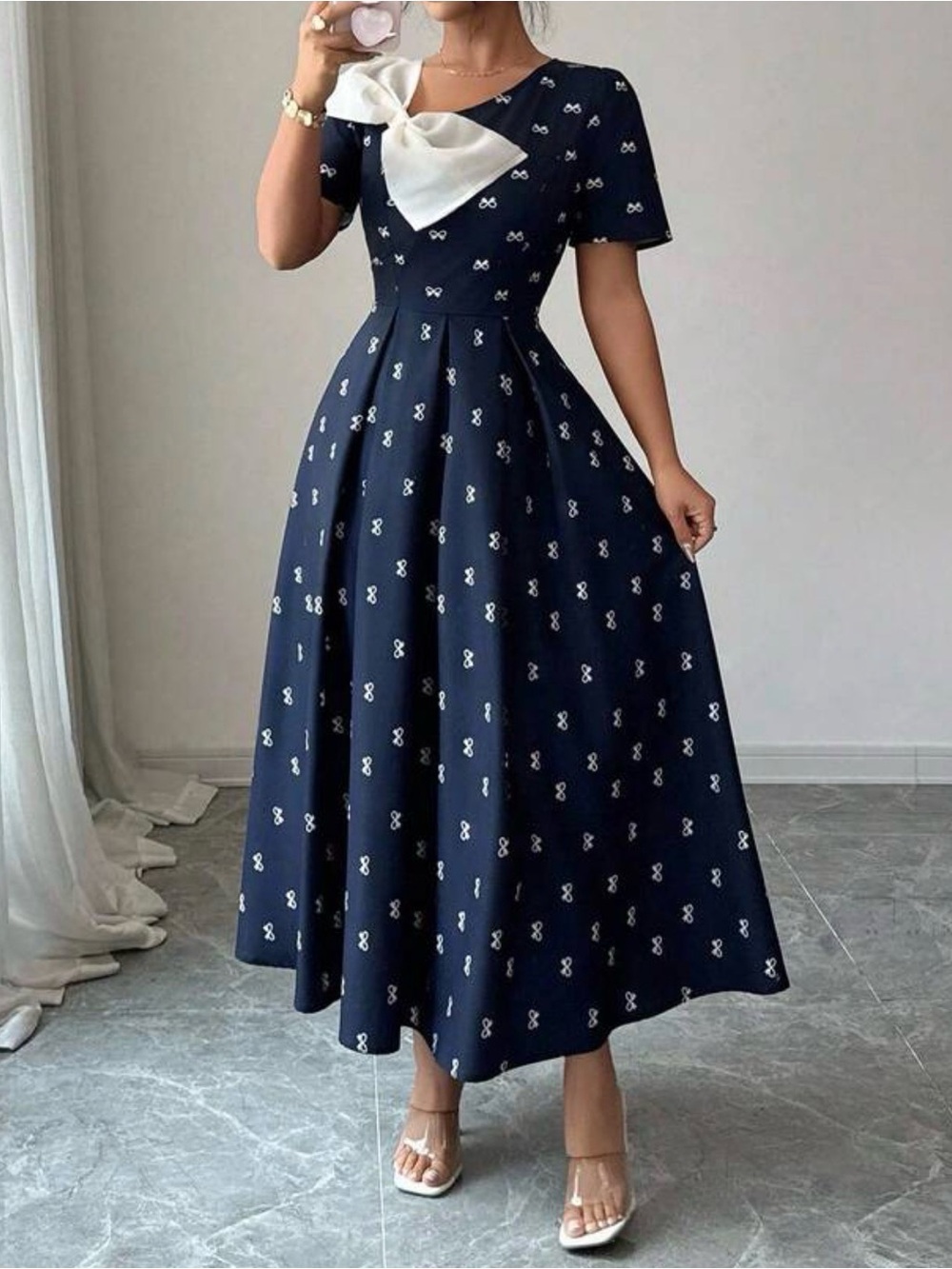 Navy & White Bow-Accent A-Line Midi Dress